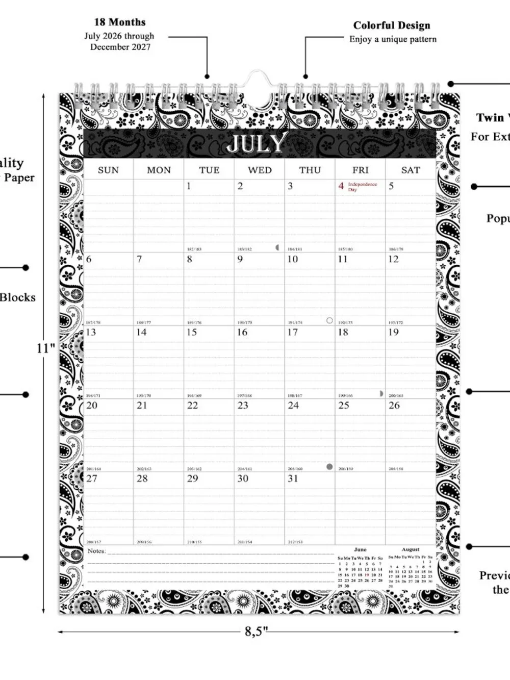 2026-2027 Wall Calendar Spiral-bound Twin-Wire Binding - 18 Months 8.5